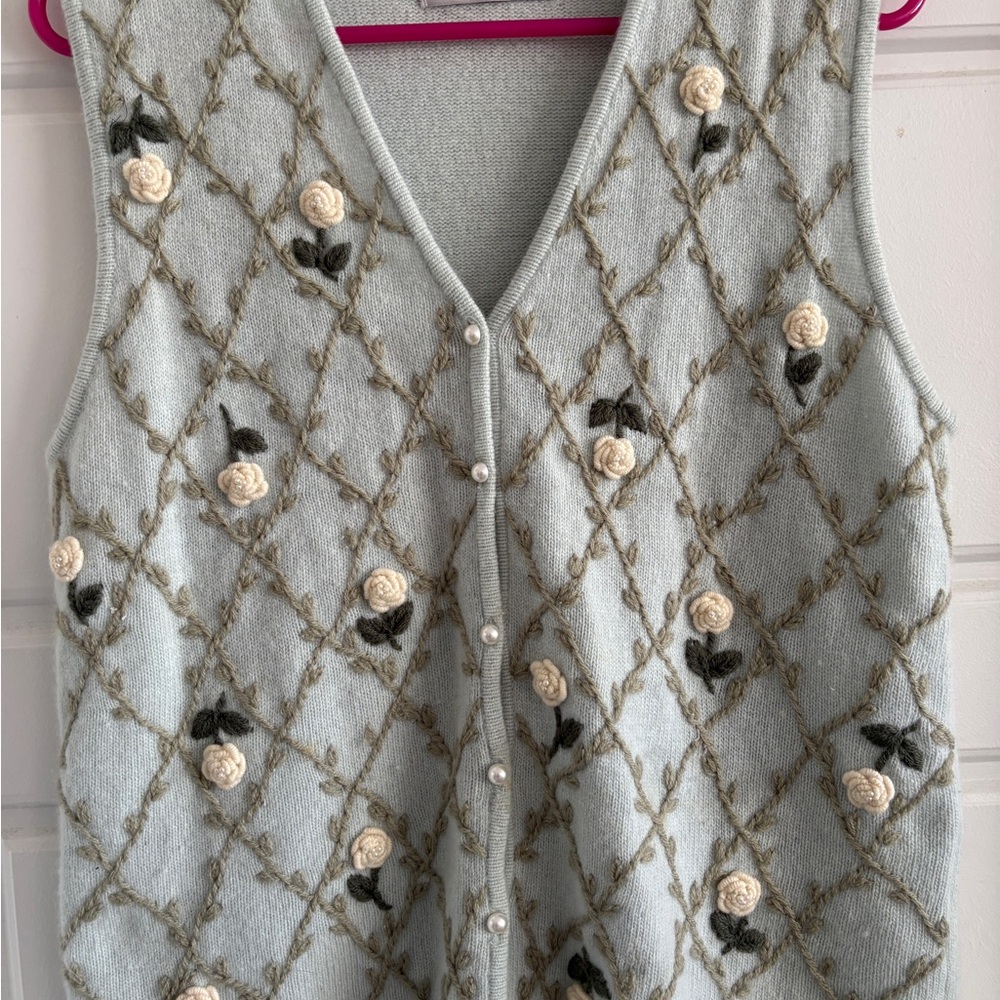 Light Blue Floral Knit Sweater Vest with Pearl Buttons
